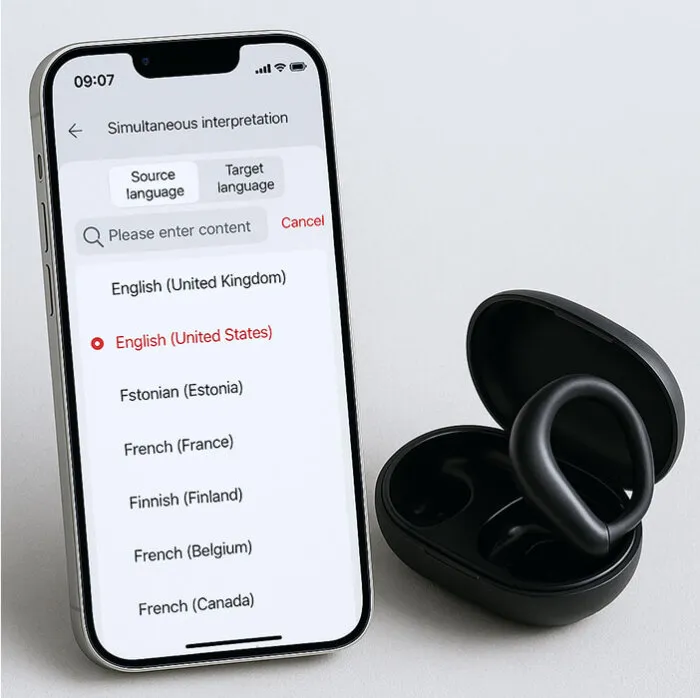 SonaBuds Sprachauswahl in der App — wählen Sie aus 144 Sprachen